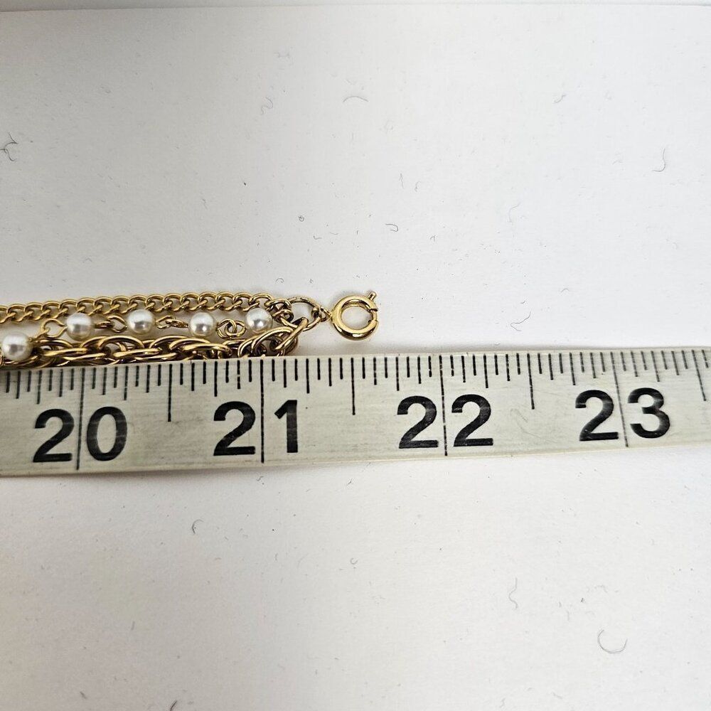 Vintage Triple Strand Faux Pearl Gold Tone Metal Tassel Beaded Pendant Necklace - Picture 7 of 10